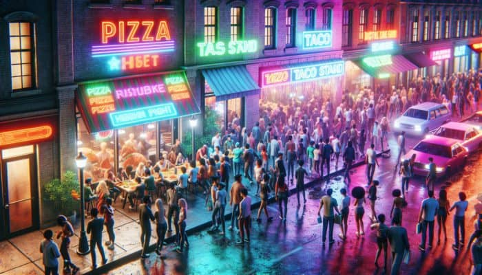 Neon-lit Las Vegas street at night, crowded with club-goers enjoying late-night food at Secret Pizza and Tacos El Gordo.