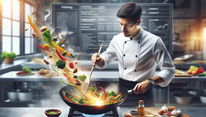A chef stir-frying vegetables in a wok with a spatula, achieving even cooking and caramelisation.