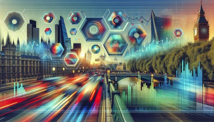 Free Tools to Track Your Debt Consolidation Progress | DCL A modern dashboard displaying real-time financial data with graphs and charts, situated in a vibrant UK city.