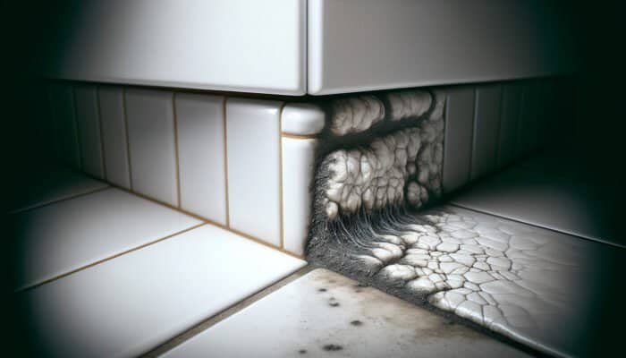Close-up of kitchen tile grout showing clean and mouldy areas, emphasising the importance of thorough cleaning.