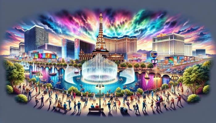 Nighttime scene in Las Vegas featuring the Bellagio Fountains and the Viva Vision Light Show on Fremont Street.
