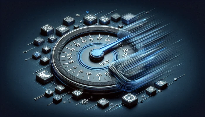 A digital speedometer indicating reduced HTTP requests with icons of images, stylesheets, and servers connected by data streams.