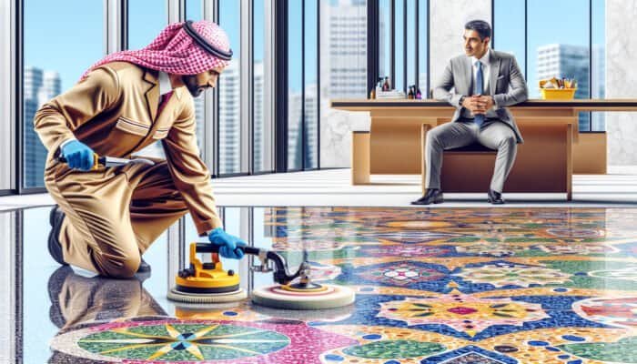 A skilled worker polishing a vibrant terrazzo floor, enhancing its colourful patterns and smooth texture.