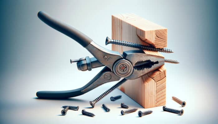 Strong pliers gripping and twisting a rusted screw on wooden furniture during house clearance.