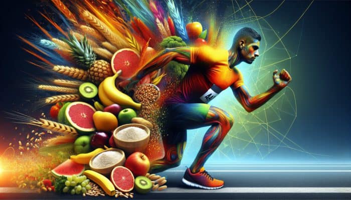 Best Supplements For Marathon Training: A runner at a marathon start, surrounded by whole grains, fruits, vegetables, symbolising carbohydrate loading.
