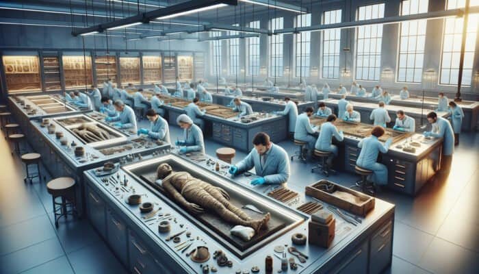 A skilled conservator meticulously restoring an ancient artifact in a modern lab using advanced tools.