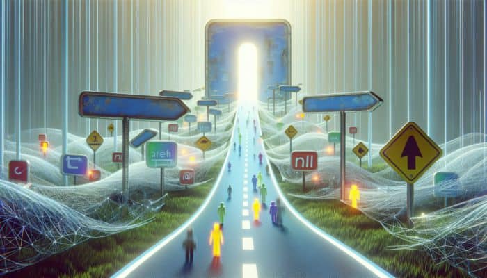Utilise 301 Redirects for Link Equity: A dynamic digital journey from an outdated URL to a fresh, engaging URL, illustrating a smooth 301 redirect with search engine bots and users in pursuit.