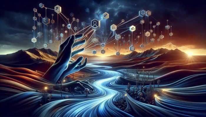 Hands reaching for luminous streams of light symbolising link equity in a digital landscape.
