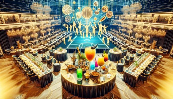 A luxurious Super Bowl viewing party at a high-end hotel featuring gourmet dining, open bar, and celebrity entertainment.