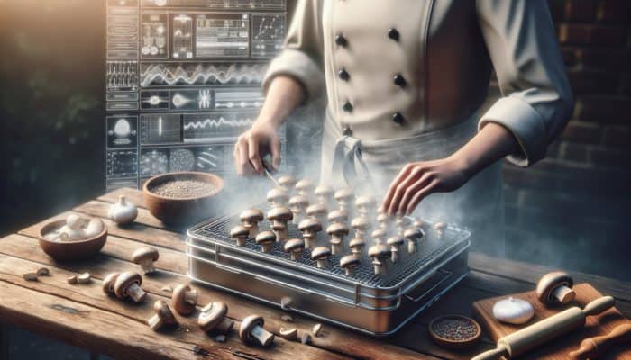 A chef meticulously preparing mushrooms for smoking: slicing, seasoning, and arranging them on a smoker rack amidst rising smoke.