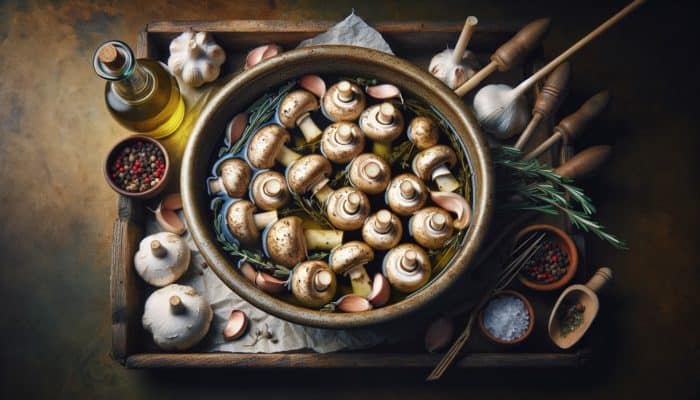 Marinated mushrooms with olive oil, garlic, and herbs such as thyme and rosemary, ready for the smoking process.