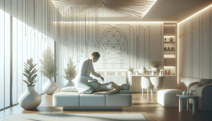 Acupuncture for Nutrient Absorption: A UK acupuncture clinic blending modern and traditional styles, with a practitioner placing needles to improve nutrient absorption.