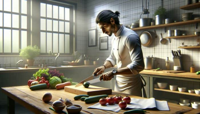 A chef demonstrating safe knife handling in a kitchen with vegetables and cutting boards.