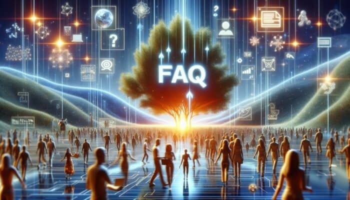 A glowing FAQ section on a digital landscape, surrounded by happy, diverse website visitors.