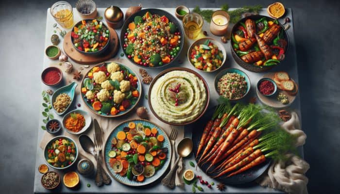 Festive table with colorful, healthy holiday sides: cauliflower mash, quinoa salad, harissa carrots, chimichurri vegetables.