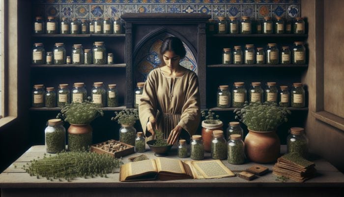 Oregano for Antibacterial Properties: Medieval UK apothecary preparing oregano remedies for coughs, wounds, digestion, and urinary tract infections.