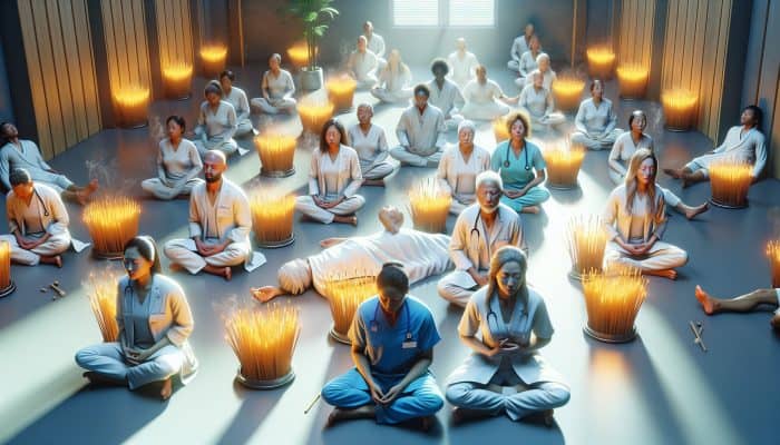 A serene UK clinic with diverse patients undergoing moxibustion, showing relief and tranquility, with glowing moxa sticks.