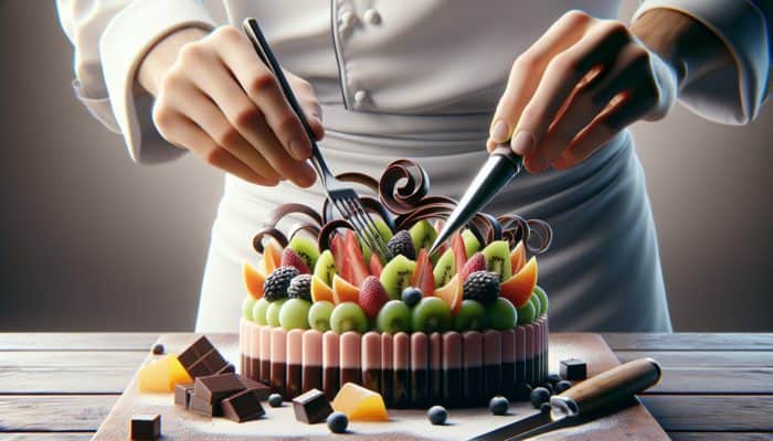 A chef's hands arranging colorful fruit and chocolate on a chilled dessert for an eye-catching garnish.