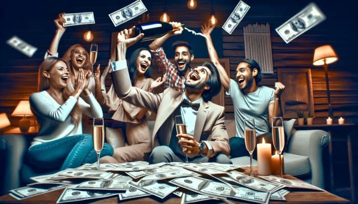 How to Track Debt Consolidation Progress: UK Guide | DCL Person celebrating debt milestone with champagne, surrounded by paid bills and cheering friends in cosy living room.