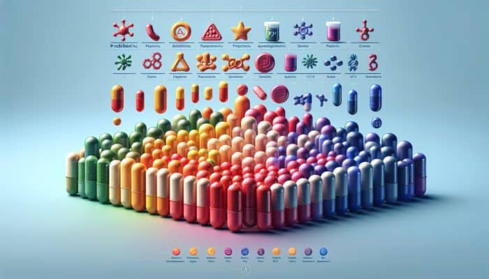 Colorful probiotic capsules with CFU counts and strain names in a lab setting.