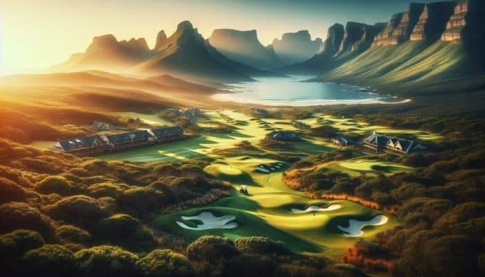 A South African golf resort showcasing lush greens, vibrant biodiversity, and breathtaking mountain and ocean views.