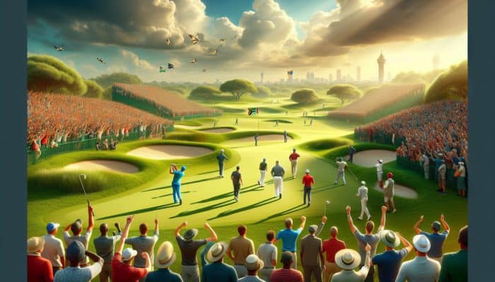 International golf tournament in South Africa featuring players on a lush course and enthusiastic spectators.