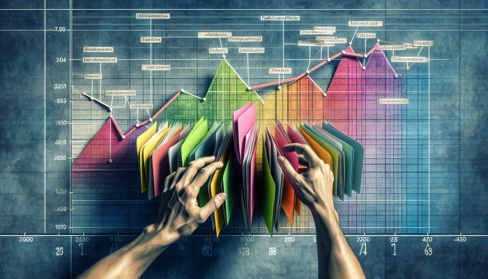 Debt Consolidation vs Selling Assets to Pay Debt: UK Guide | DCL A person organizing multiple colourful debt papers into one folder, symbolising debt consolidation, with financial charts showing decreasing interest rates.