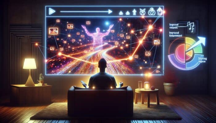 A viewer engrossed in a playlist on a screen, with graphs indicating increased retention, in a cosy room.