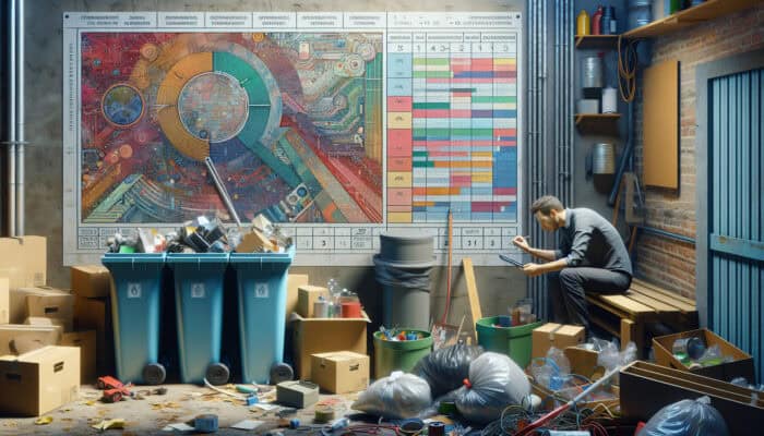 Person sorting items in garage for council waste collection, with fee schedule and restrictions list visible.