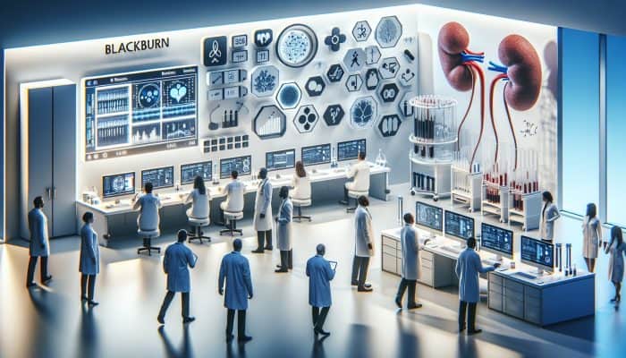 Modern Blackburn laboratory with advanced technology for precise, less invasive kidney blood tests, focusing on biomarker research.