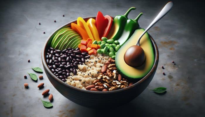 A vibrant bowl filled with brown rice, black beans, bell peppers, avocado, and nuts, exemplifying a balanced, nutrient-dense meal.