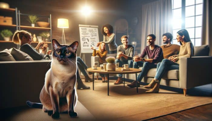 A Burmese cat confidently socialising with people in a cozy, well-lit living room.