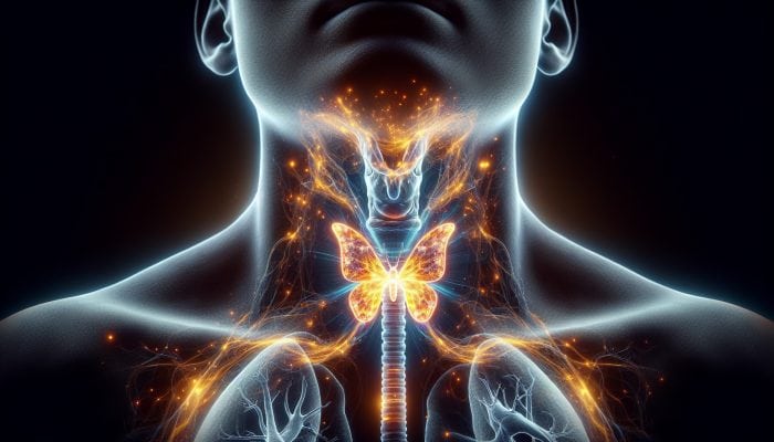 Illustration of thyroid gland at the front of the neck, crucial for T3 and T4 hormone production affecting metabolism and growth.
