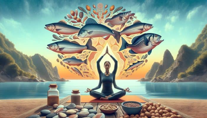 Image of a person practising yoga by the sea with fish and nuts, symbolising thyroid health support.