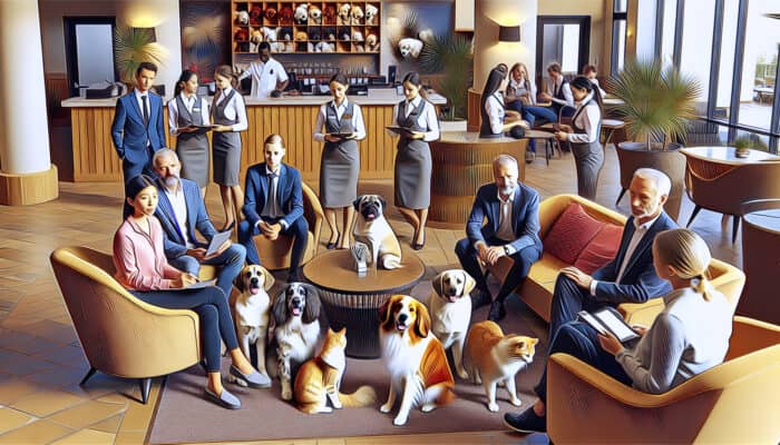 A warm hotel lobby showcasing pets and staff providing pet-friendly amenities and expert advice.
