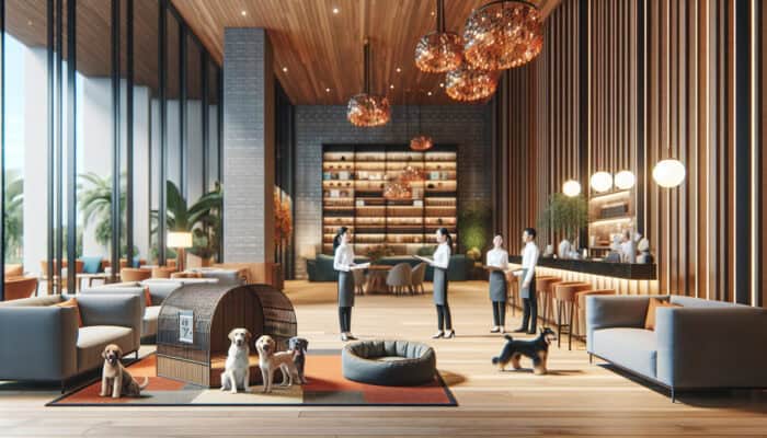 A welcoming hotel lobby featuring a pet-friendly area with a pet spa and dog beds, while staff engage with guests and their pets.