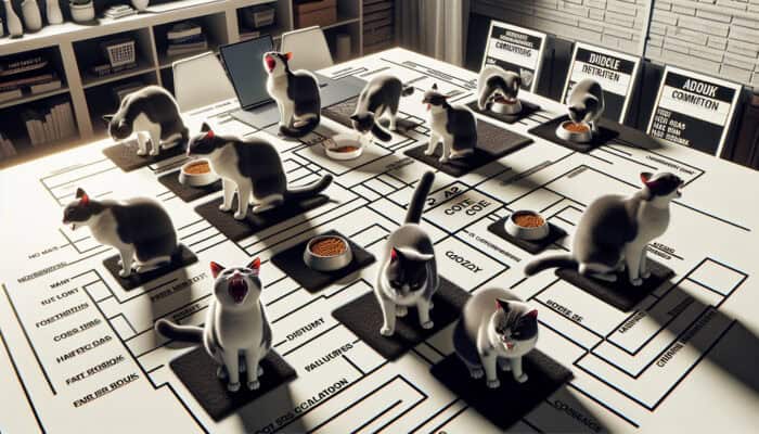 Territorial Behaviour in Multi-Cat Homes: Cats hissing and arching over food and space, showing territorial aggression in a multi-cat home.