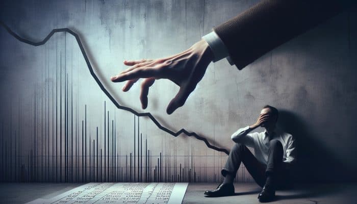 Debt Consolidation Loan Default Consequences: UK Impact | DCL A distressed worker's paycheck being seized by a creditor, symbolizing wage garnishment, with a backdrop of financial strain and declining credit score.