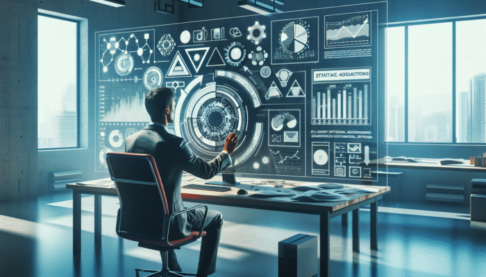 A person updating articles on a computer, analyzing graphs and trends in a modern office.