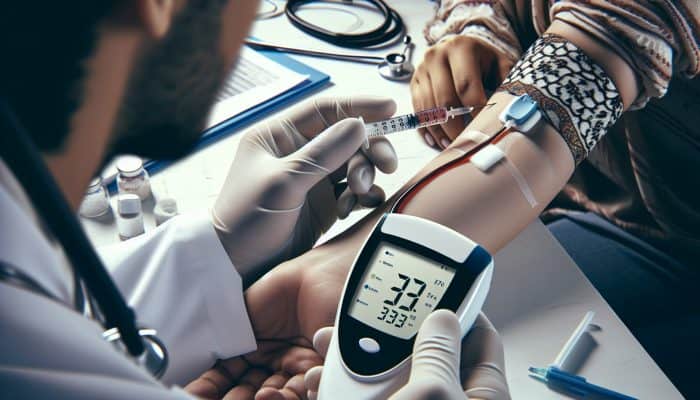 Diabetes Blood Test in Birmingham: A healthcare professional drawing blood from a patient's arm, with a glucometer showing glucose levels in a clinical setting.