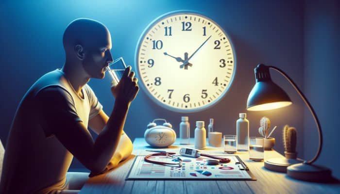 Person fasting for diabetes test, drinking water, with medical chart and clock in early morning.