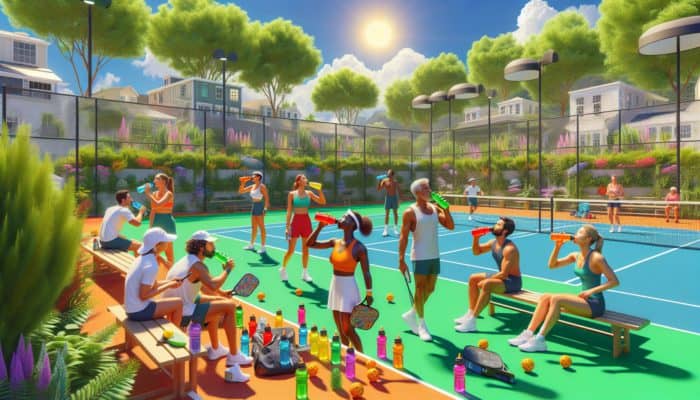 Pickleball players sipping electrolyte drinks on a sunny court, with coaches advising on hydration.