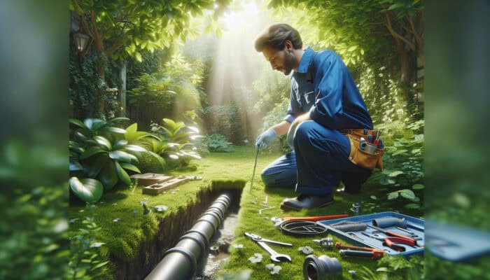 A plumber in blue uniform repairing a drainage pipe in a green backyard in White Rock.