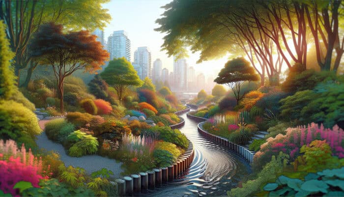 A serene West End Vancouver landscape with subtle drainage systems and flowing water amidst lush greenery and flowers.