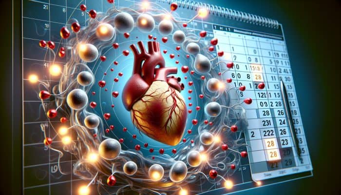 Cholesterol Blood Test in Manchester: A heart surrounded by cholesterol molecules with a calendar marking regular testing dates for heart health monitoring.