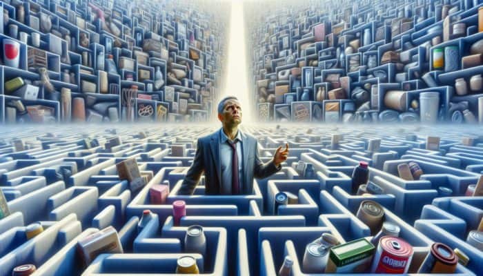 A consumer overwhelmed by a maze of products, showing fatigue and confusion.