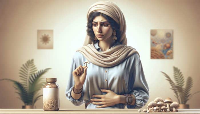 Individual experiencing slight bloating, contemplative, holding mushroom supplements in a calm, neutral room.