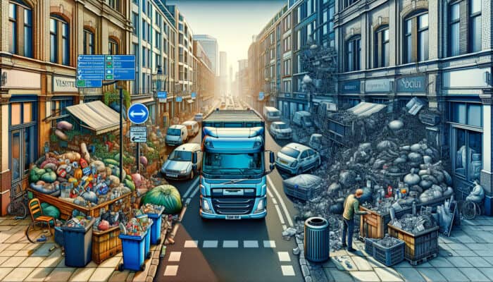 A UK cityscape illustrating waste reduction challenges with overflowing bins, old and new waste trucks, struggling small businesses, and regulatory signs.