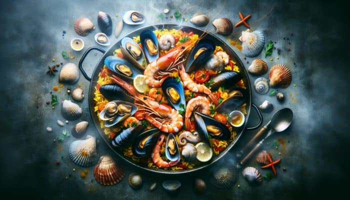 Top Seafood Paella Recipes for Crowds: A colorful seafood paella with shrimp, mussels, clams, calamari, and white fish on saffron rice.