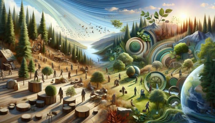 A serene landscape with natural textures like wood, stone, and leaves, symbolising sustainable living and a circular economy.